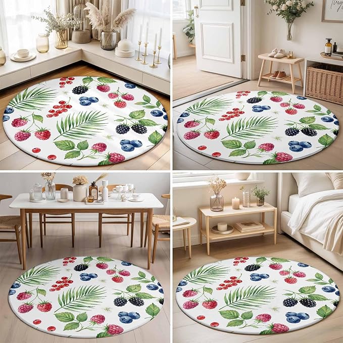 Washable Round Area Rug Farm Fruit Berry Cherry Blueberry Circle Rugs Floor Carpet for Living Room Bedroom, Watercolor Mulberry Leaves Soft Non Slip Round Rug 5ft