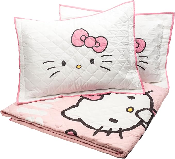 Jay Franco Hello Kitty Bedding Full/Queen Quilt & Sham Set, 3-Piece - Super Soft Cozy Lightweight Quilted Bedspread, Machine Washable All Season Bedroom Decor, Pink Stripes & Hearts