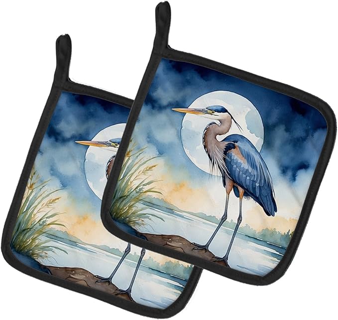 Caroline's Treasures Blue Heron Under The Moonlight Pair of Pot Holders Kitchen Heat Resistant Pot Holders Sets Oven Hot Pads for Cooking Baking BBQ, 7 1/2 x 7 1/2