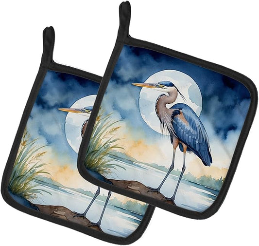 Caroline's Treasures Blue Heron Under The Moonlight Pair of Pot Holders Kitchen Heat Resistant Pot Holders Sets Oven Hot Pads for Cooking Baking BBQ, 7 1/2 x 7 1/2