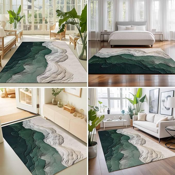 Area Rug 9x12ft, Rustic Green Gray White Mountain Range Washable Rugs for Living Room Bedroom Rectangle Floor Carpet, Abstract Art Soft Non-Slip Area Rugs for Dining Room
