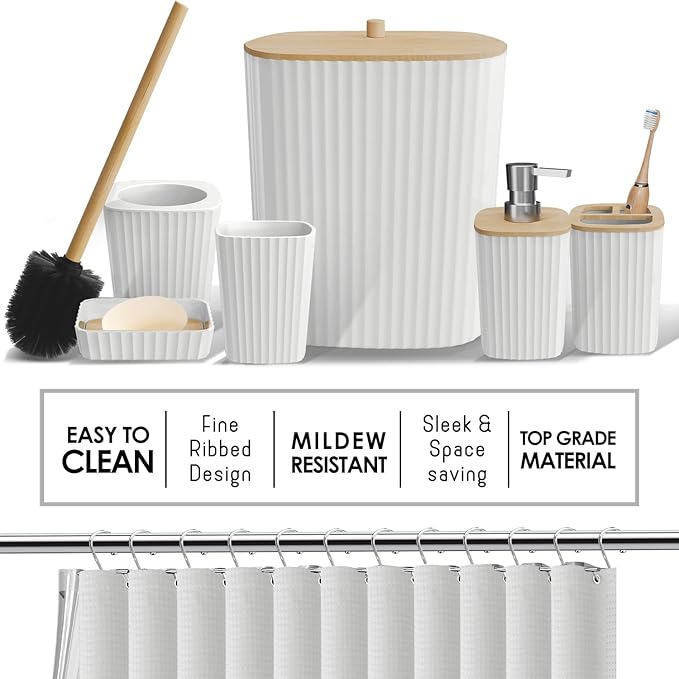 Clara Clark Bathroom Accessories Set - Bathroom Set, Bathroom Sets with Shower Curtain and Rugs, Shower Curtain Set with Bathroom Trash Can - Ombre White - 22PC