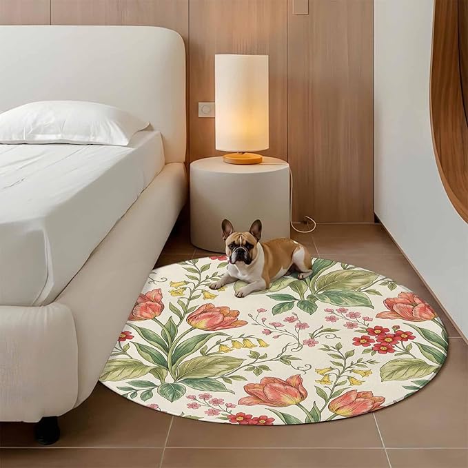 Washable Round Area Rug Vintage Tulips Red Daisies Circle Rugs Floor Carpet for Living Room Bedroom, Yellow Blooms Floral Pattern Soft Non Slip Round Rug 3ft