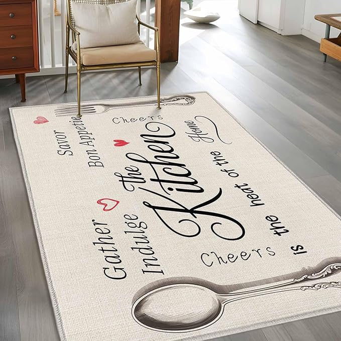 Area Rug 4x6ft, Spoon Fork Vintage Farmhouse Washable Rugs for Living Room Bedroom, Abstract Love Retro Linen Soft Non-Slip Area Rugs Rectangle Floor Carpet for Dining Room
