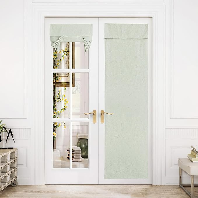 NICETOWN Privacy French Door Curtains, Rich Linen Thermal Insulated 100% Blackout Door Window Curtains and Drapes Farmhouse Tie Up Shade for Patio Doorway, W26 x L80 inch, 1 Panel, Sage Green