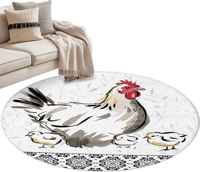 Washable Round Area Rug Country Farmhouse Rooster Circle Rugs Floor Carpet for Living Room Bedroom, Watercolor Animal Flower Pattern Soft Non Slip Round Rug 4ft