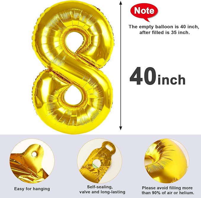 Number 8 Balloons Gold Party Decorations for Girl Boys, 40 In Big Balloons for Engagement, Wedding, Celebration Party, Graduations, Photo Shoot