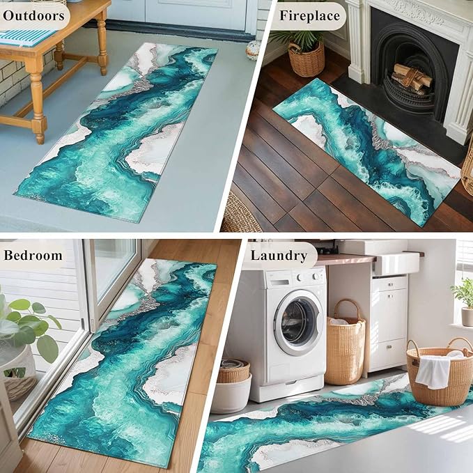 Runner Rug for Bedroom Hallway, Abstract Blue Marble Texture Kitchen Runner Rugs Area Rug 2x6ft, Modern Luxury Pattern Washable Soft Floor Carpet for Entryway Stair