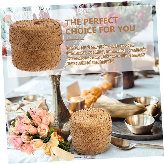 4pcs Hand Woven Seagrass Storage Baskets Lid Rustic Decorative Bins for Organizing Home Kitchen Party Supplies Lightweight Reusable Miniature Containers Yellow