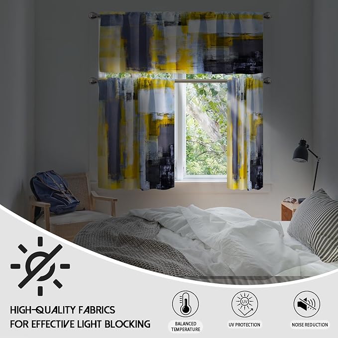 MCALK Grey Yellow Blackout Kitchen Curtains Tiers and Valances for Windows Modern Abstract Art, Contemporary Trendy Valances for Living Room (36" Tiers Set)