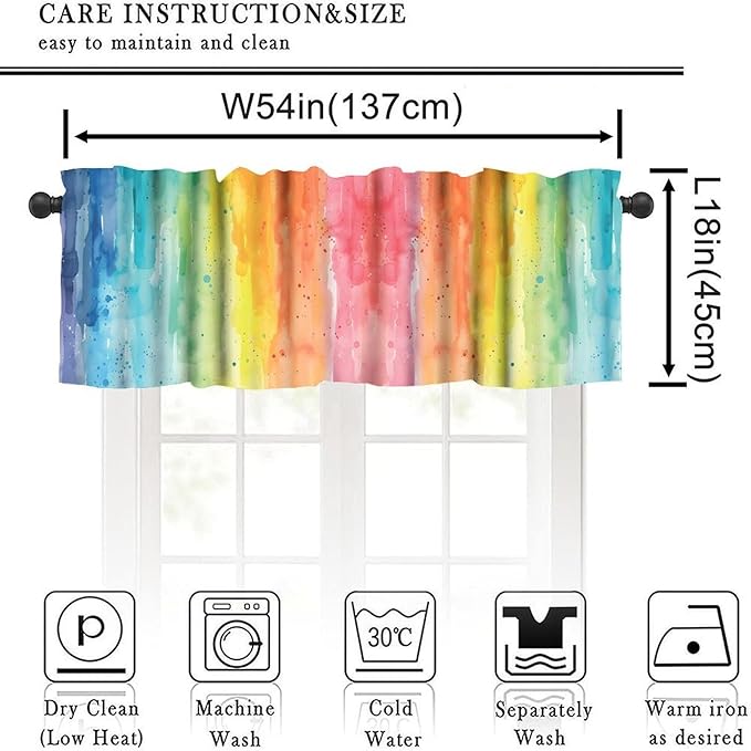 Rainbow Watercolor Valance Curtain, Colorful Colour Pigment Stripe Short Window Treatment for Kids Boys Girls Kitchen Bedroom Nursery Decor, 54x18Inch