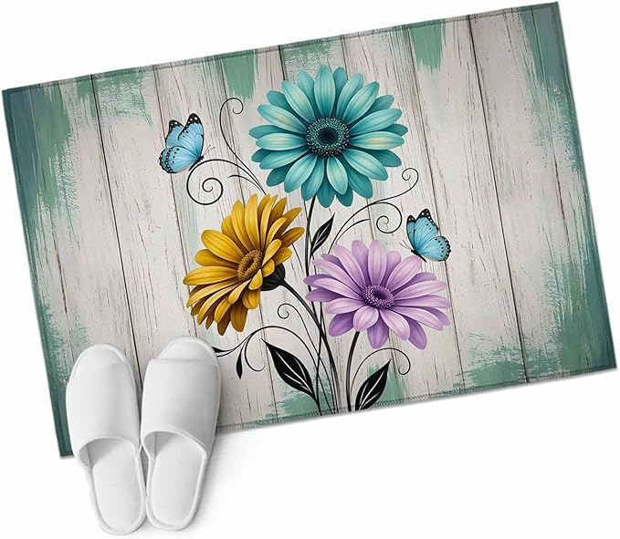 Area Rug 2x3ft, Farm Flower Daisy Retro Wood Barn Washable Rugs for Living Room Bedroom, Blossom Flower Butterfly Soft Non-Slip Area Rugs Rectangle Floor Carpet for Dining Room