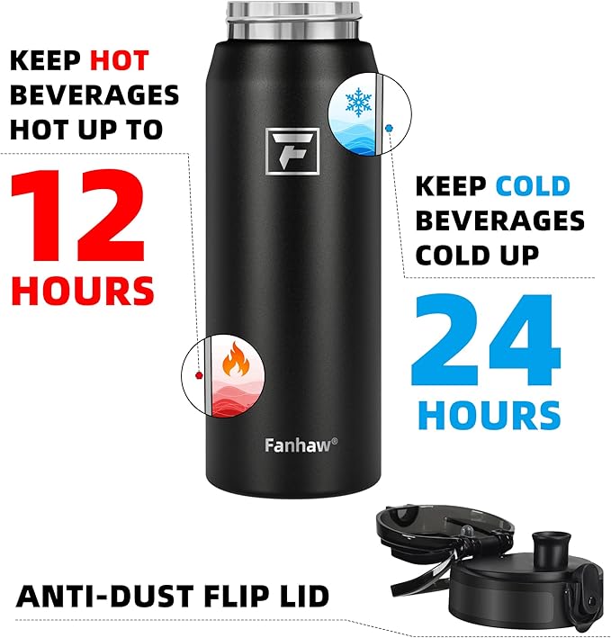 Fanhaw 24 oz Insulated Stainless Steel Water Bottle with Straw Lid, Leakproof & Anti-Dust Sports Bottle for Kids, Women & Men (Black)