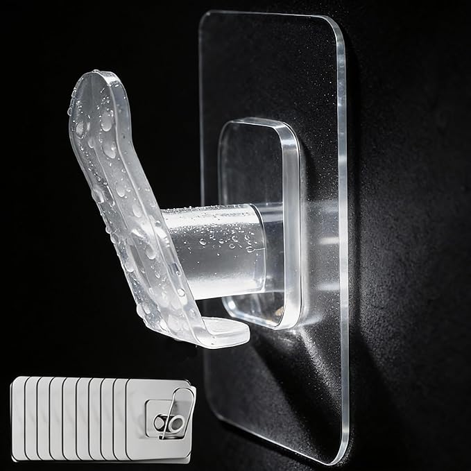DELITON 10 Pack Adhesive Towel Hooks, Coat Hooks Stick on Wall Hanging Robes Clothes Towels for Bathroom Kitchen, Clear