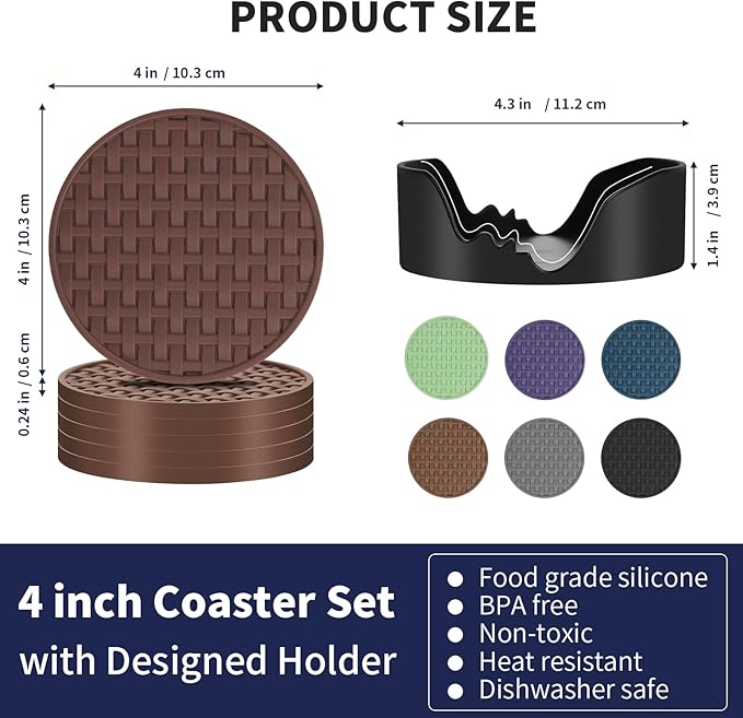 Brown Round Silicone Coasters with Holder, 4 Inch Non-Slip Heat-Resistant & Waterproof Cup Mats, Decorative Drink Coaster Set of 6 for Home, Office, Kitchen, Coffee Bar Table