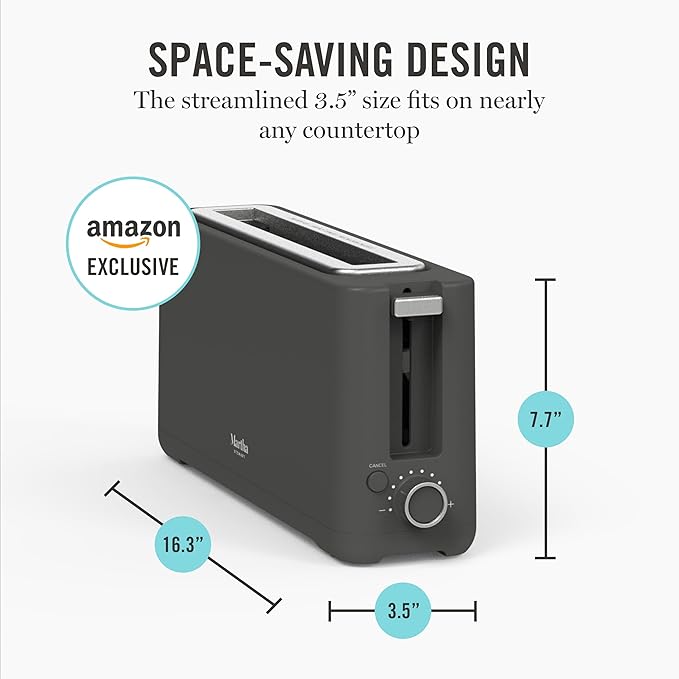 Martha Stewart 2 Slice Long Slot Toaster, Extra Wide for Sourdough & Bagels, 10 Setting Shade Control, Removable Crumb Tray, Self-Centering Design, Defrost/Reheat, Cancel, Slim Space-Saving, Caviar