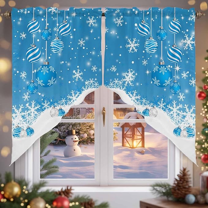 Prime Leader Blue Christmas Balls Swag Valance Curains Xmas Snowflake Christmas Rod Pocket Kitchen Curtains Scalloped Window Treatment Valances Swag for Living Room Bedroom, 1 Pair, 36" W x 45" L
