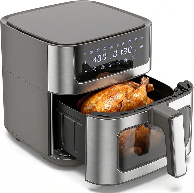 Sweetcrispy 6.34QT Air Fryer, 8-in-1 Air Fryers Oven with Visible Window, 400℉ Fast Heating, Nonstick Dishwasher-Safe Basket, Timer & Auto-Off, Stainless Steel, Grey