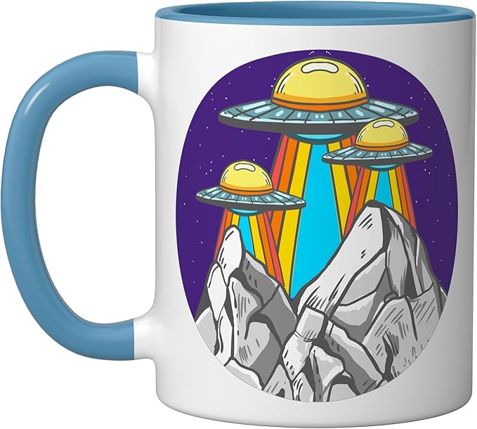 UFO Mountains Retro Spaceship Alien ET Space Galaxy Gift Ceramic Mug, Blue/White