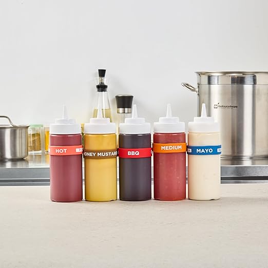 Restaurantware Silicone Squeeze Bottle Band 10 Count 2.75 Inch Dishwasher Safe Condiment Identification Band, BBQ Red Non-Slip Label Band for Condiment Labeling at Restaurants, Food Trucks