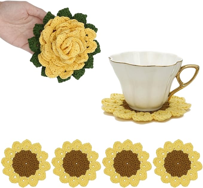 DICHA Sunflower Crochet Coasters with Plant Pot-Container Beverage Coaster Sets with Holder Bar Coasters for Drinks Coffee Table Desk-Succulent Plant Pot Coaster-Set of 5