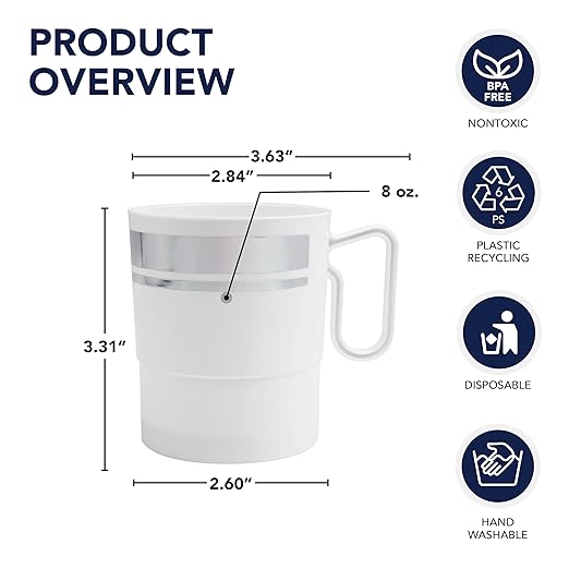 Party Essentials Bistro Hard Plastic Coffee Cup/Tea Mug w/Handle, 40 Count, 8-Ounce, White with Silver Rim