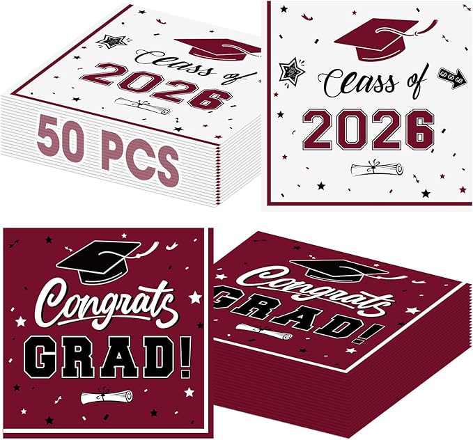 50 Pcs Graduation Napkins Decorations - Maroon Class of 2026 Congrats GRAD 3-Ply Paper Cocktail Dinner Napkins Set for 2026 Graduation Party Supplies Table Decor Favors, 6.5 x 6.5 Inch