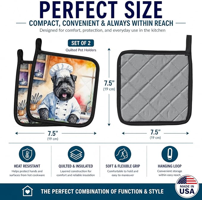 Caroline's Treasures Bouvier des Flandres The Chef Pair of Pot Holders Kitchen Heat Resistant Pot Holders Sets Oven Hot Pads for Cooking Baking BBQ, 7 1/2 x 7 1/2