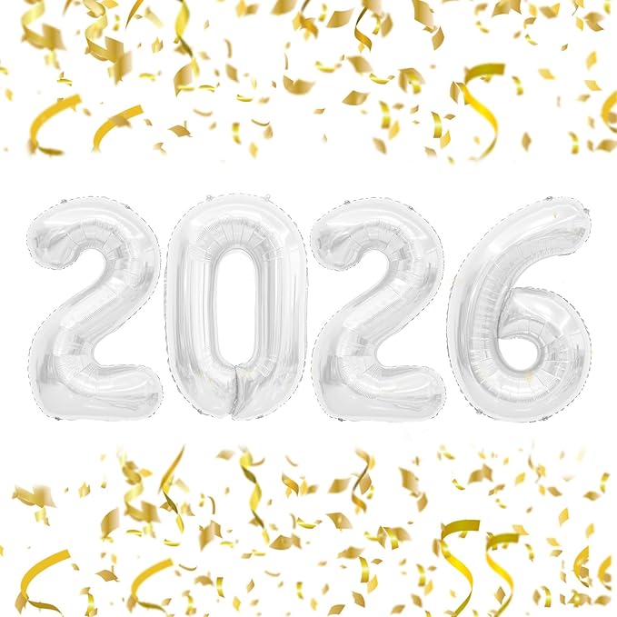 2026 Balloons 40 Inch New Years Balloons White for New Years Decorations Mylar Foil 2026 Balloon Numbers for Graduation Happy New Year Decorations New Years Eve Party Supplies Globos De Año Nuevo