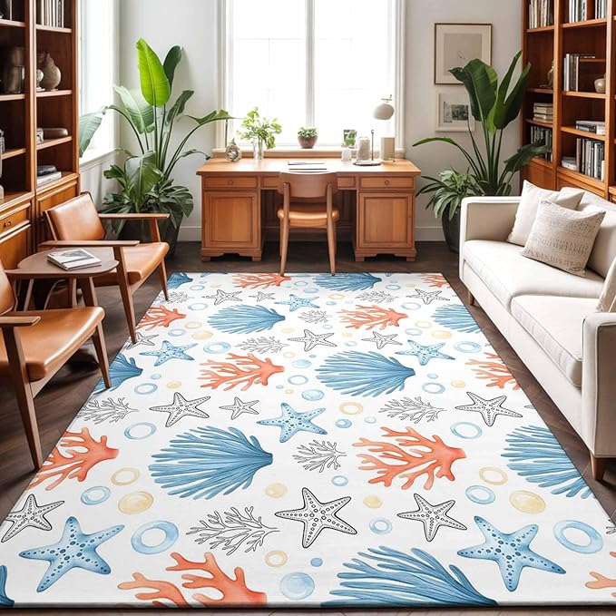 Area Rug 8x10ft, Coastal Starfish Shell Coral Washable Rugs for Living Room Bedroom, Ocean Bubble Blue Black Orange Soft Non-Slip Area Rugs Rectangle Floor Carpet for Dining Room