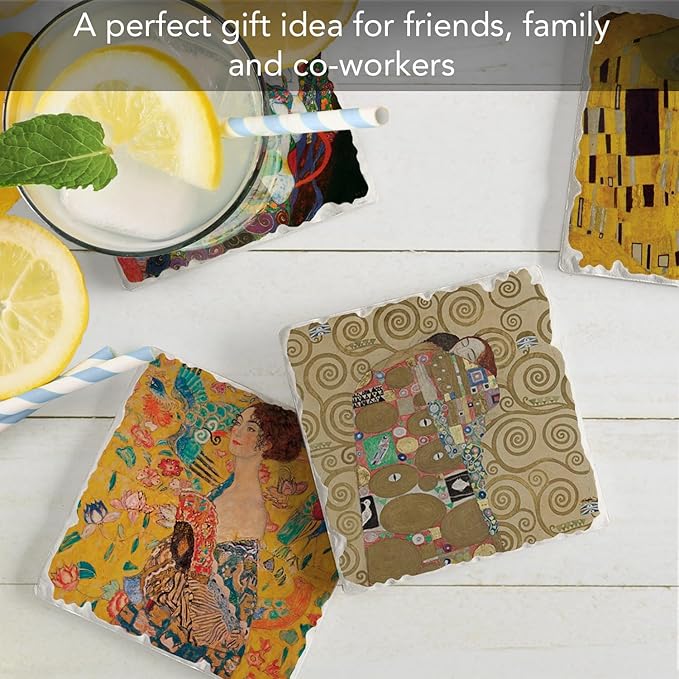 Thirstystone Gustav Klimt 4 Pack Assorted Tumbled Tile Stone Coasters with Protective Cork Backing Manufactured in The USA Absorbent Easily Wipes Clean