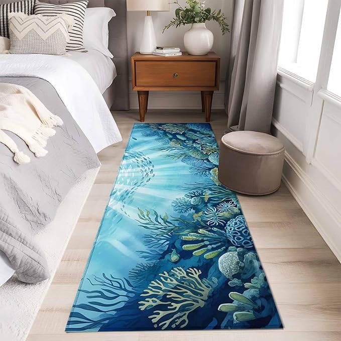 Runner Rug for Bedroom Hallway, Underwater World Coral Seaweed Kitchen Runner Rugs Area Rug 2x6ft, Seafloor Ocean Life Fish Washable Soft Floor Carpet for Entryway Stair