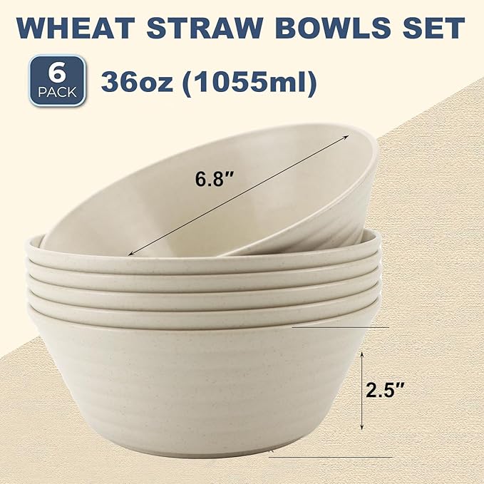Wrova Wheat Straw Bowl Sets,6 PCS Unbreakable Cereal Bowl 36 OZ,Microwave and Dishwasher Safe Bowls,Soup Bowl Sets for Serving Soup,Oatmeal and Salad （Beige）