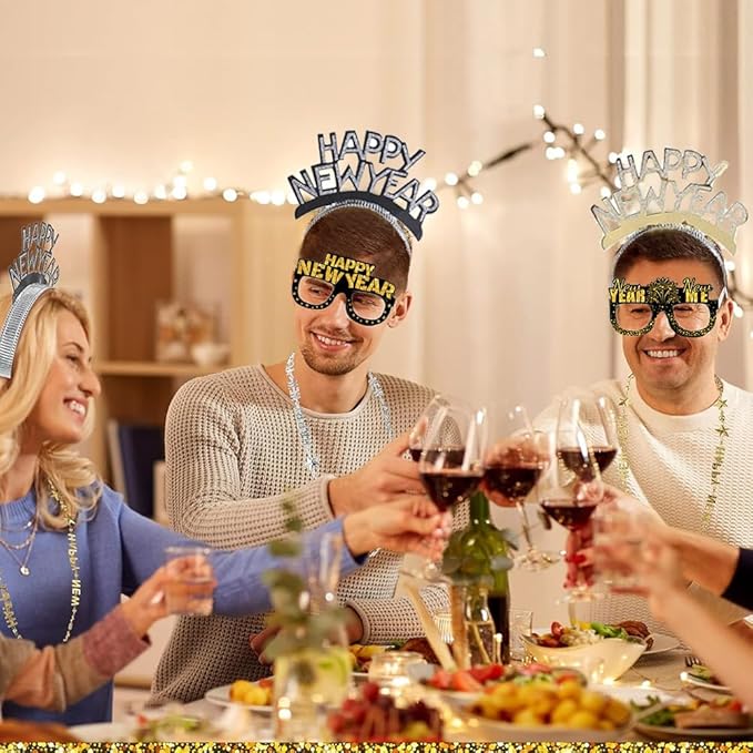 Happy New Year Decorations 2026, New Years Nye Eve Party Supplies Banner, Balloons, Fringe Curtain, Swirls for Party Photography Backdrops, Black Gold