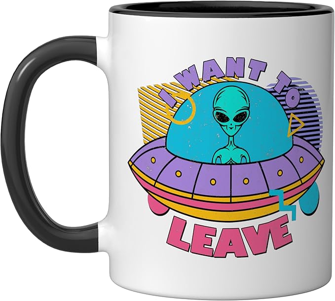I Want To Leave Funny Alien UFO Retro Graphic Ceramic Mug, Black/White