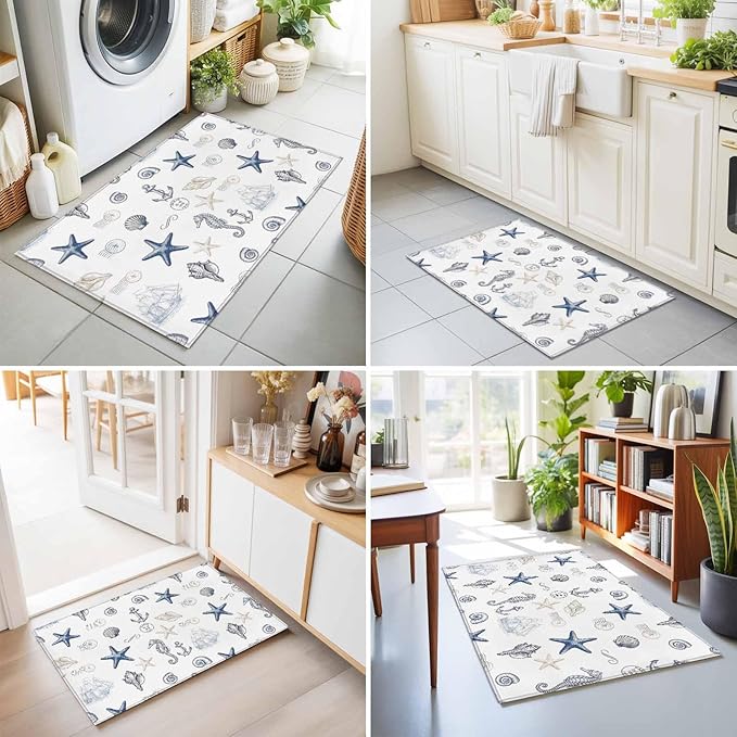 Area Rug 2x3ft, Ocean Starfish Seahorse Shell Conch Washable Rugs for Living Room Bedroom, Nautical Compass Anchor Soft Non-Slip Area Rugs Rectangle Floor Carpet for Dining Room