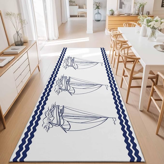 Runner Rug for Bedroom Hallway, Summer Ocean Nautical Sailboat Kitchen Runner Rugs Area Rug 2x6ft, Marine Theme Navy Blue Stripe Washable Soft Floor Carpet for Entryway Stair