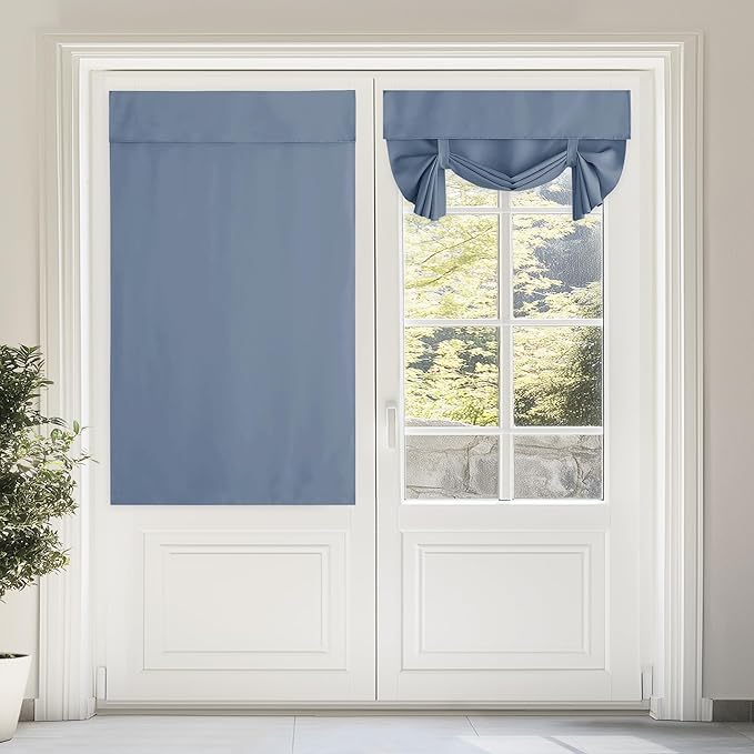 NICETOWN Tie Up Curtains for Kitchen Window, French Door Curtains 63 inches Long Privacy Short Blackout Window Covering for Patio Sliding Glass Door, W46 x L63 inch, 1 Panel, Stone Blue
