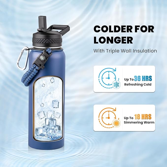 RAYMYLO Insulated Water Bottle 40 oz, Triple Wall Vacuum Stainless Steel (Cold for 36Hrs, Hot for 18Hrs), Leak Proof & Non-BPA, Modern Water Flask Jug with Paracord Handle & Straw Spout Lids