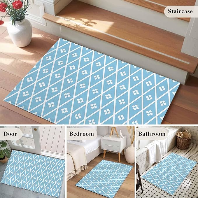 Area Rug 2x3ft, Boho Blue White Plaid Line Washable Rugs for Living Room Bedroom, Abstract Geometric Diamond Soft Non-Slip Area Rugs Rectangle Floor Carpet for Dining Room