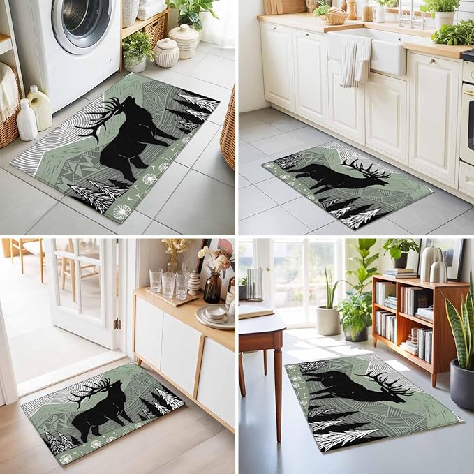 Area Rug 2x3ft, Black Wildlife Elk Washable Rugs for Living Room Bedroom, Bohemian Green Mountain Peaks Soft Non-Slip Area Rugs Rectangle Floor Carpet for Dining Room