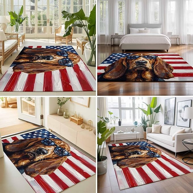 Area Rug 8x10ft, Independence Day USA Flag Washable Rugs for Living Room Bedroom, Basset Hound Patriotic Sunglasses Soft Non-Slip Area Rugs Rectangle Floor Carpet for Dining Room