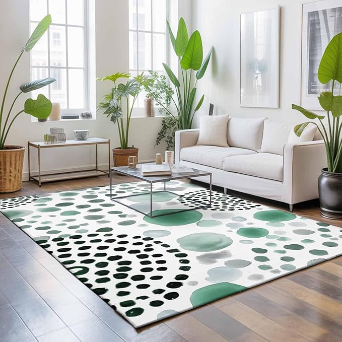 Area Rug 9x12ft, Abstract Teal Circles Washable Rugs for Living Room Bedroom Rectangle Floor Carpet, Sage Green Geometric Round Soft Non-Slip Area Rugs for Dining Room