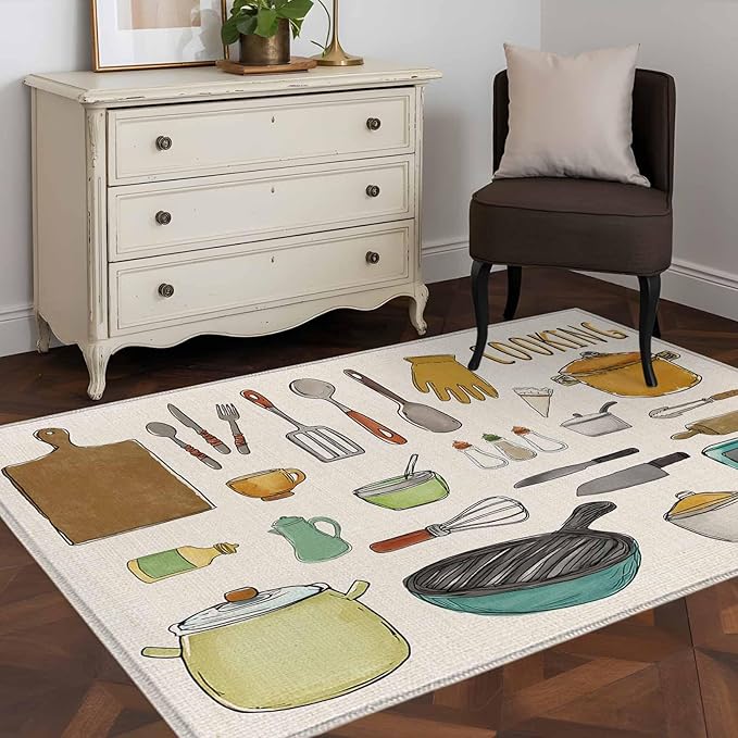 Cooking Kitchenware Kitchen Tool Pattern Rectangle Rugs 2.7x5ft for Living Room Washable Circle Rug Non-Slip Carpet Soft Mat for Bedroom Dining Room Bathroom Home Holiday Decorations Indoor