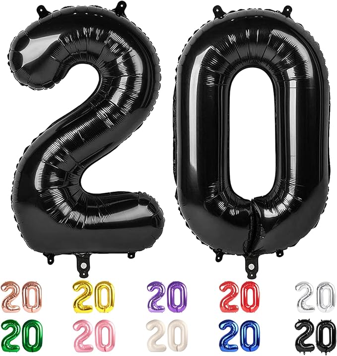 20 Balloons Number, 20th Birthday Decorations for Women Men, Numbers 20 Balloons 40 In Black Birthday Party Decorations for Wedding, Celebration Party, Graduations