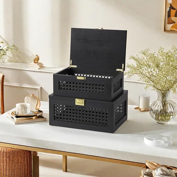 Decorative Rattan Storage Boxes Solid Wood Woven Baskets Bins with Lid Keepsake Memory Jewelry Box Natural Boho Shelf Wicker Closet Desk Organizer Container (Black, Small Size)