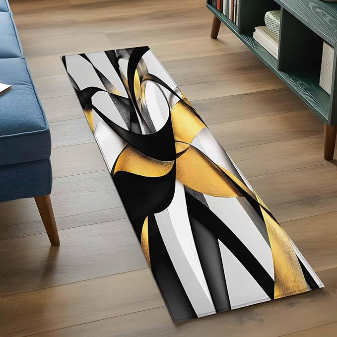 Runner Rug for Bedroom Hallway, Modern Geometric Stripe Texture Kitchen Runner Rugs Area Rug 2x6ft, Abstract Gold Black White Line Washable Soft Floor Carpet for Entryway Stair