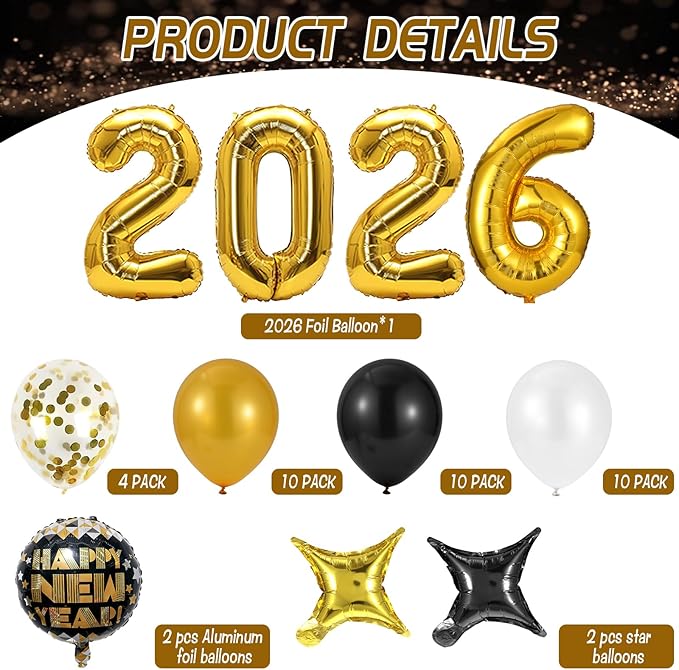 Happy New Year Party Decoration, 2026 Happy New Year Foil Balloon Banner and Metallic Curtains Photography Backdrops Party Decorations for NYE Party Supplies
