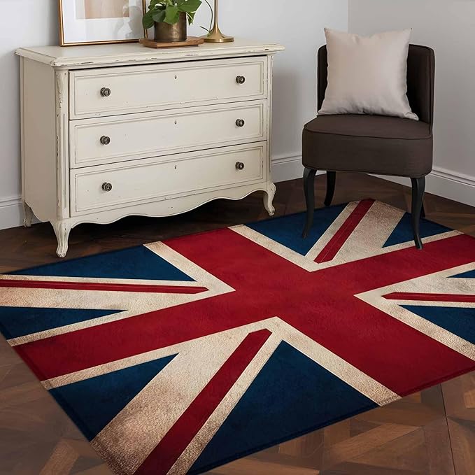 Area Rug 3x5ft, Vintage Union Jack Flag Washable Rugs for Living Room Bedroom, Reerto Flags of The United Kingdom Soft Non-Slip Area Rugs Rectangle Floor Carpet for Dining Room