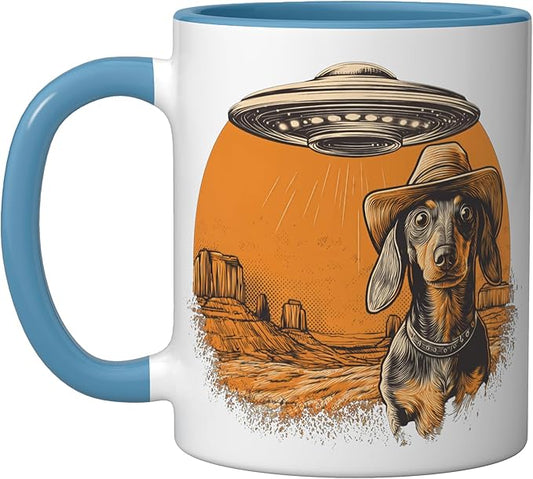 Retro Western UFO Dachshund Cowboy Alien Sci Fi Desert Ceramic Mug, Blue/White